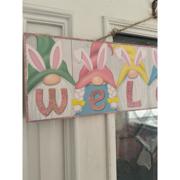 Welcome Easter Bunny Rabbit Gnome Sign Wall Front Door Hanger Home Decor - Picture 2 of 6